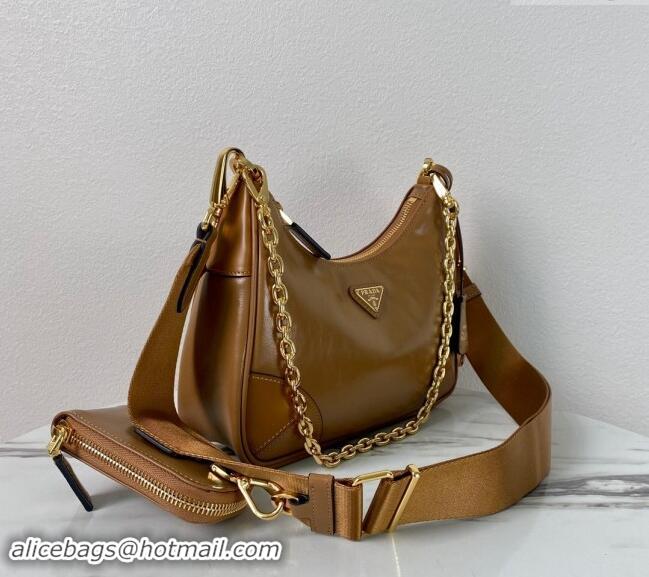 Unique Style Prada Re-Edition 2005 shiny leather shoulder bag 1BH204 Brown 2024