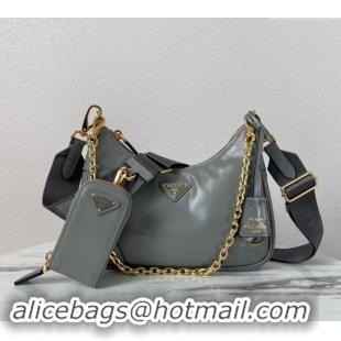 Grade Quality Prada Re-Edition 2005 shiny leather shoulder bag 1BH204 Grey 2024