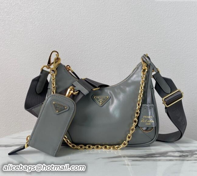 Grade Quality Prada Re-Edition 2005 shiny leather shoulder bag 1BH204 Grey 2024