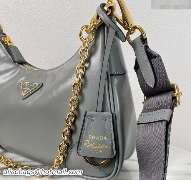 Grade Quality Prada Re-Edition 2005 shiny leather shoulder bag 1BH204 Grey 2024