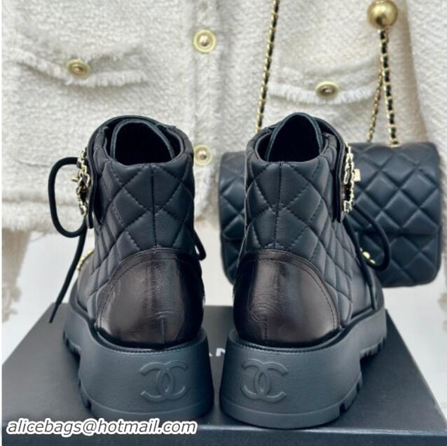 Stylish Chanel Quilted Lambskin Lace up Ankle Boots CH82913 Black 082913