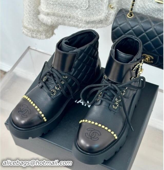 Stylish Chanel Quilted Lambskin Lace up Ankle Boots CH82913 Black 082913