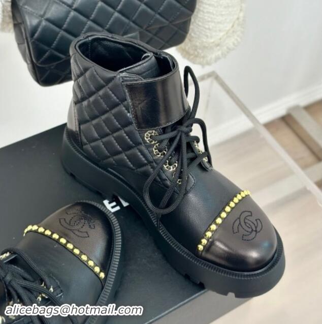 Stylish Chanel Quilted Lambskin Lace up Ankle Boots CH82913 Black 082913