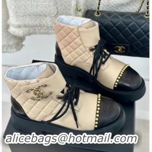 Charming Chanel Quilted Lambskin Lace up Ankle Boots CH82914 Beige 082914