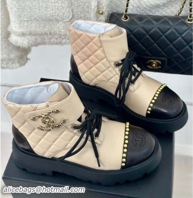 Charming Chanel Quilted Lambskin Lace up Ankle Boots CH82914 Beige 082914