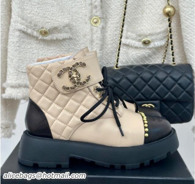 Charming Chanel Quilted Lambskin Lace up Ankle Boots CH82914 Beige 082914