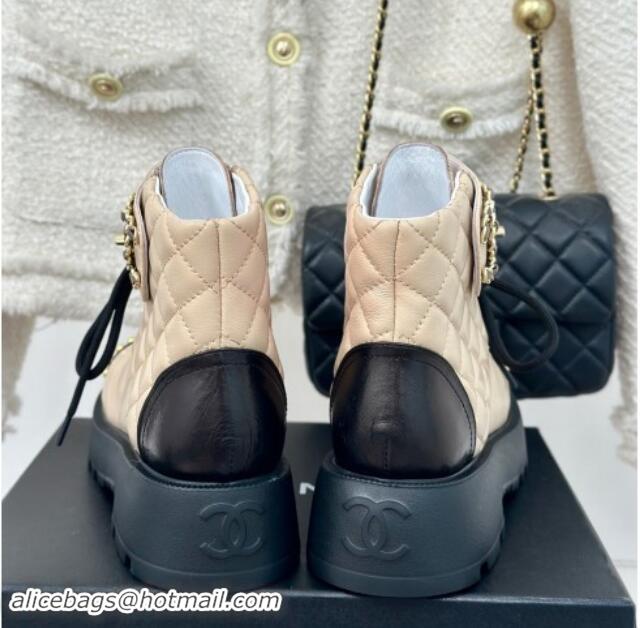 Charming Chanel Quilted Lambskin Lace up Ankle Boots CH82914 Beige 082914