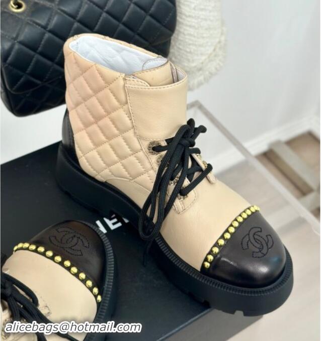 Charming Chanel Quilted Lambskin Lace up Ankle Boots CH82914 Beige 082914