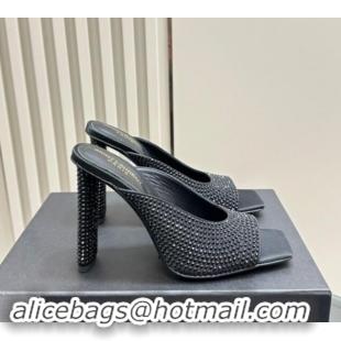 Luxury Cheap Saint Laurent SEPT Mules in Satin Crepe and Rhinestones 11cm Heel Black 082926