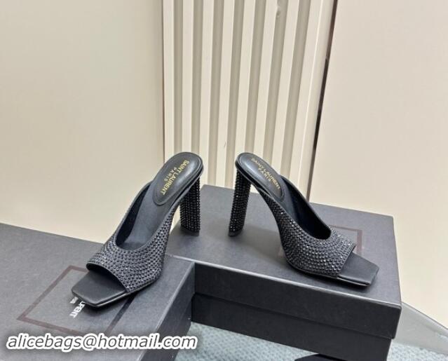 Luxury Cheap Saint Laurent SEPT Mules in Satin Crepe and Rhinestones 11cm Heel Black 082926