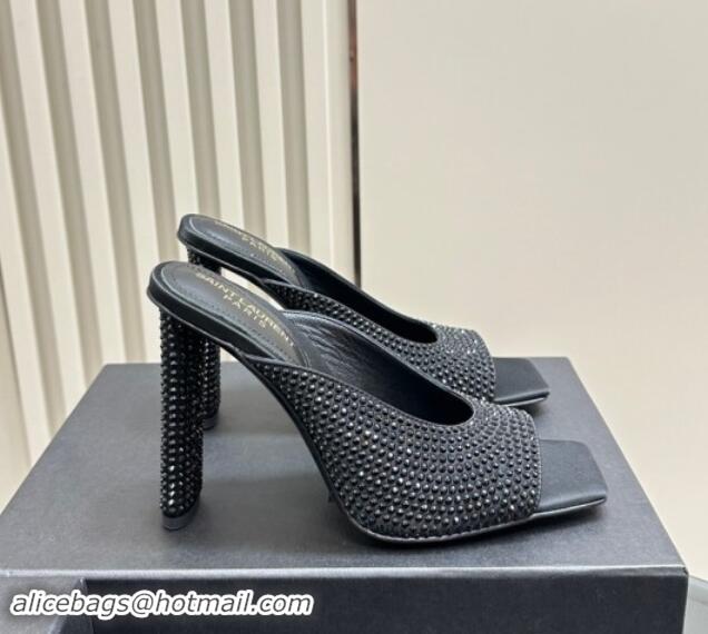 Luxury Cheap Saint Laurent SEPT Mules in Satin Crepe and Rhinestones 11cm Heel Black 082926