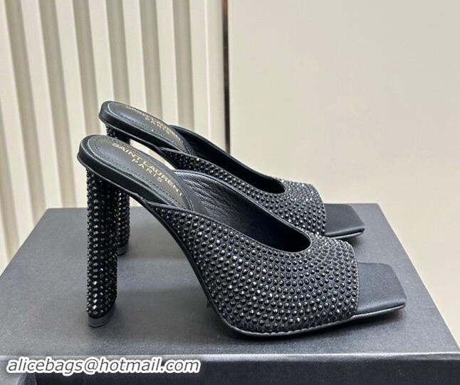 Luxury Cheap Saint Laurent SEPT Mules in Satin Crepe and Rhinestones 11cm Heel Black 082926