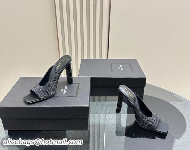 Luxury Cheap Saint Laurent SEPT Mules in Satin Crepe and Rhinestones 11cm Heel Black 082926