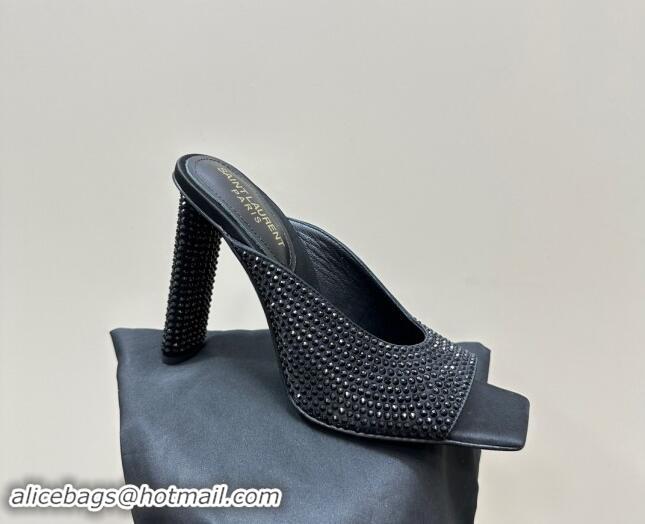 Luxury Cheap Saint Laurent SEPT Mules in Satin Crepe and Rhinestones 11cm Heel Black 082926