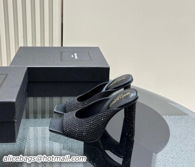 Luxury Cheap Saint Laurent SEPT Mules in Satin Crepe and Rhinestones 11cm Heel Black 082926