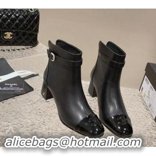 Perfect Chanel Calfskin & Patent Heel Ankle Boots with Pearls Buckle Black 909035