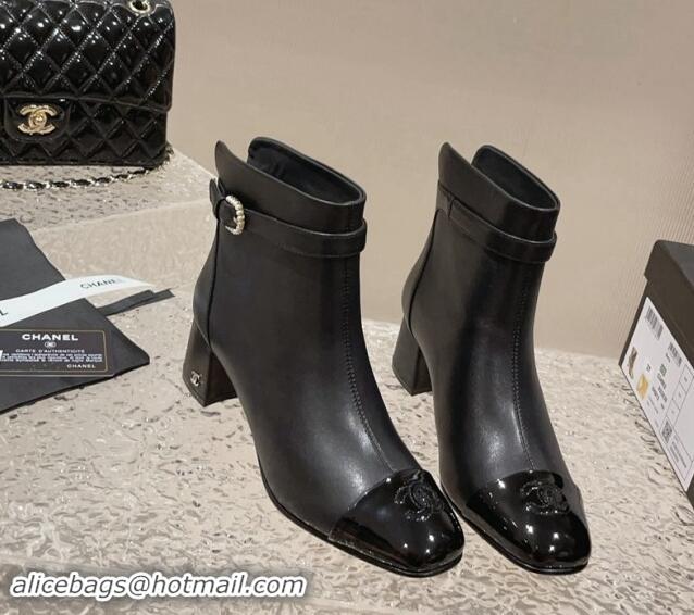 Perfect Chanel Calfskin & Patent Heel Ankle Boots with Pearls Buckle Black 909035