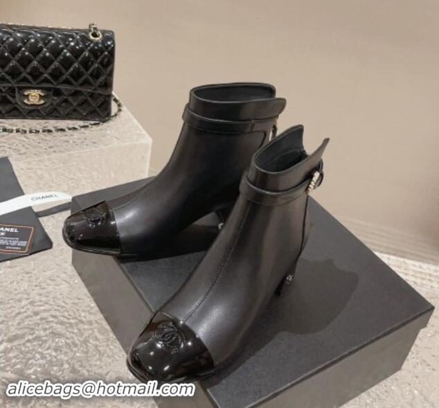 Perfect Chanel Calfskin & Patent Heel Ankle Boots with Pearls Buckle Black 909035