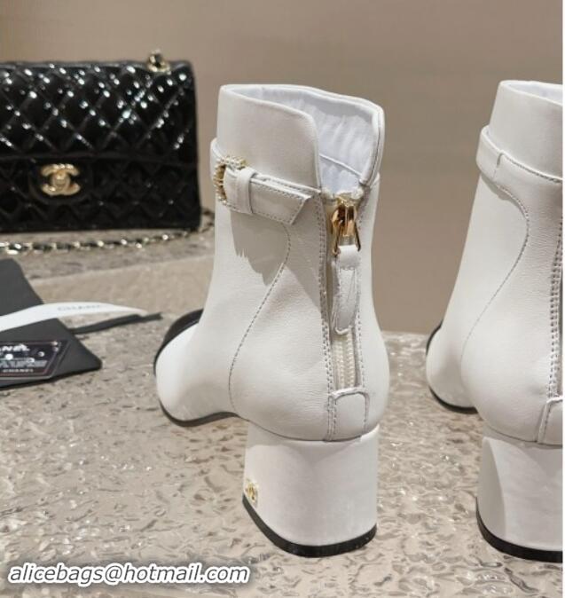 Shop Duplicate Chanel Calfskin Heel Ankle Boots with Pearls Buckle White 909036Shop Duplicate Chanel Calfskin Heel Ankle