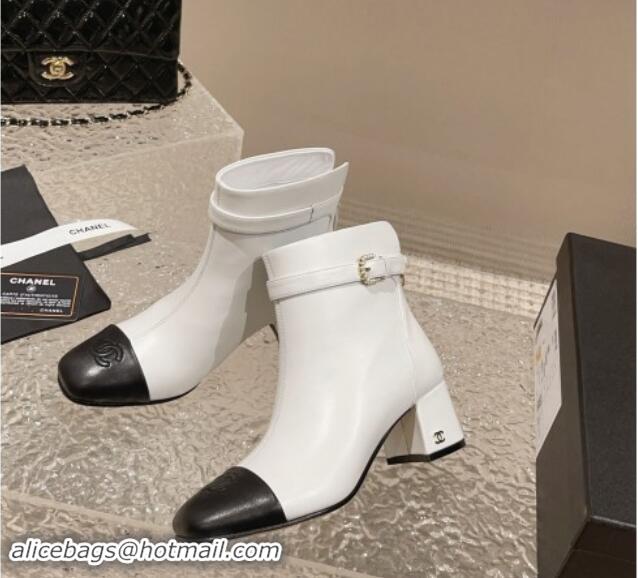 Shop Duplicate Chanel Calfskin Heel Ankle Boots with Pearls Buckle White 909036Shop Duplicate Chanel Calfskin Heel Ankle