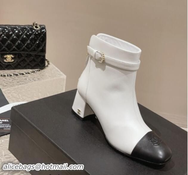 Shop Duplicate Chanel Calfskin Heel Ankle Boots with Pearls Buckle White 909036Shop Duplicate Chanel Calfskin Heel Ankle