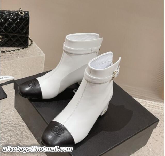 Shop Duplicate Chanel Calfskin Heel Ankle Boots with Pearls Buckle White 909036Shop Duplicate Chanel Calfskin Heel Ankle