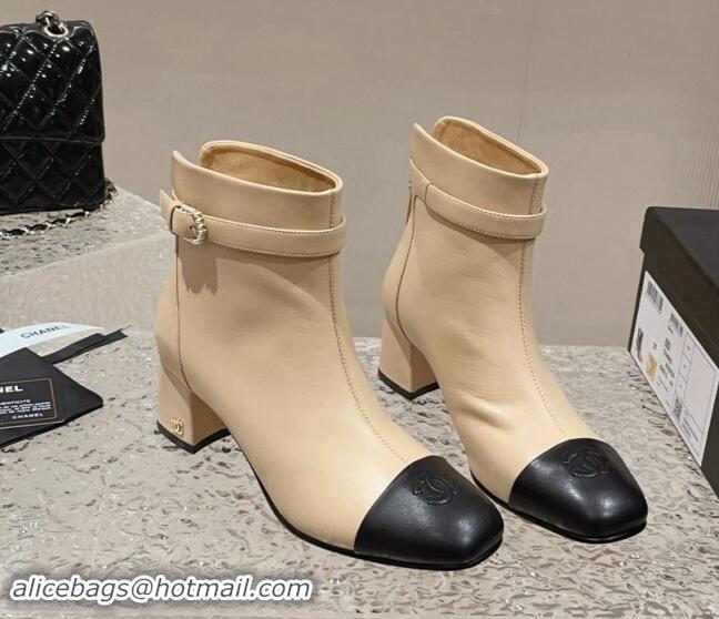 Trendy Design Chanel Calfskin Heel Ankle Boots with Pearls Buckle Beige 909037