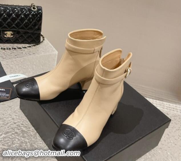 Trendy Design Chanel Calfskin Heel Ankle Boots with Pearls Buckle Beige 909037