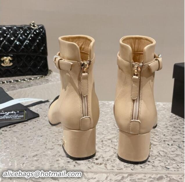 Trendy Design Chanel Calfskin Heel Ankle Boots with Pearls Buckle Beige 909037