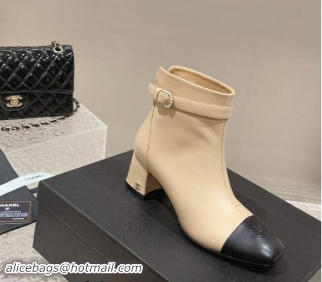 Trendy Design Chanel Calfskin Heel Ankle Boots with Pearls Buckle Beige 909037