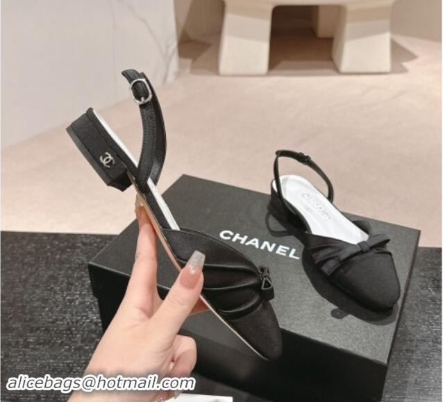 1:1 aaaaa Chanel Silk Satin & Grosgrain Slingback Flat Shoes with Bow Black 0909038