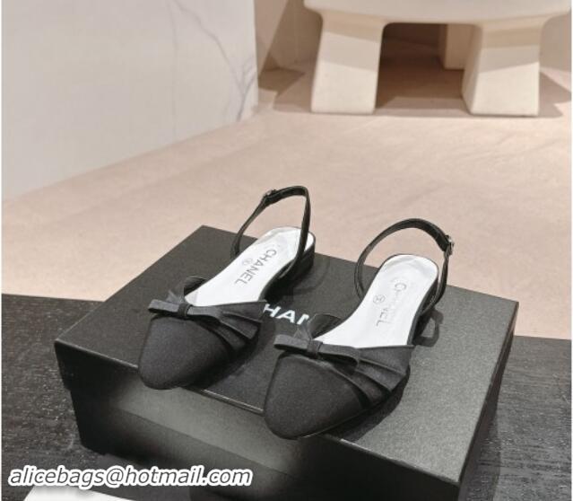 1:1 aaaaa Chanel Silk Satin & Grosgrain Slingback Flat Shoes with Bow Black 0909038