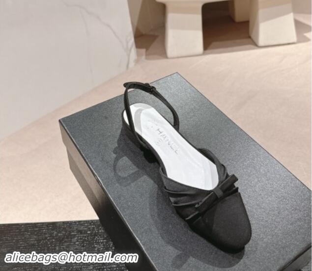 1:1 aaaaa Chanel Silk Satin & Grosgrain Slingback Flat Shoes with Bow Black 0909038