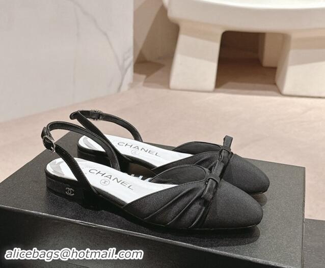 1:1 aaaaa Chanel Silk Satin & Grosgrain Slingback Flat Shoes with Bow Black 0909038