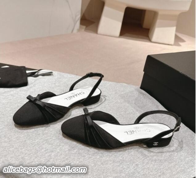 1:1 aaaaa Chanel Silk Satin & Grosgrain Slingback Flat Shoes with Bow Black 0909038