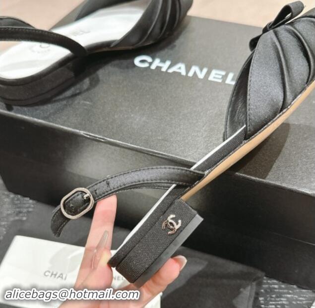 1:1 aaaaa Chanel Silk Satin & Grosgrain Slingback Flat Shoes with Bow Black 0909038