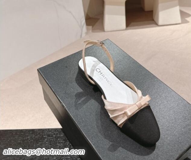 1:1 Chanel Silk Satin & Grosgrain Slingback Flat Shoes with Bow Nude 0909039