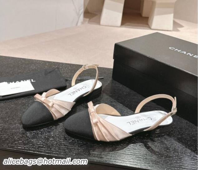 1:1 Chanel Silk Satin & Grosgrain Slingback Flat Shoes with Bow Nude 0909039