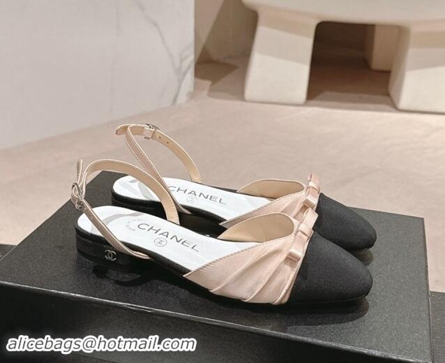 1:1 Chanel Silk Satin & Grosgrain Slingback Flat Shoes with Bow Nude 0909039