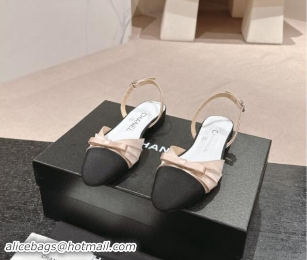 1:1 Chanel Silk Satin & Grosgrain Slingback Flat Shoes with Bow Nude 0909039