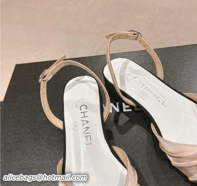 1:1 Chanel Silk Satin & Grosgrain Slingback Flat Shoes with Bow Nude 0909039