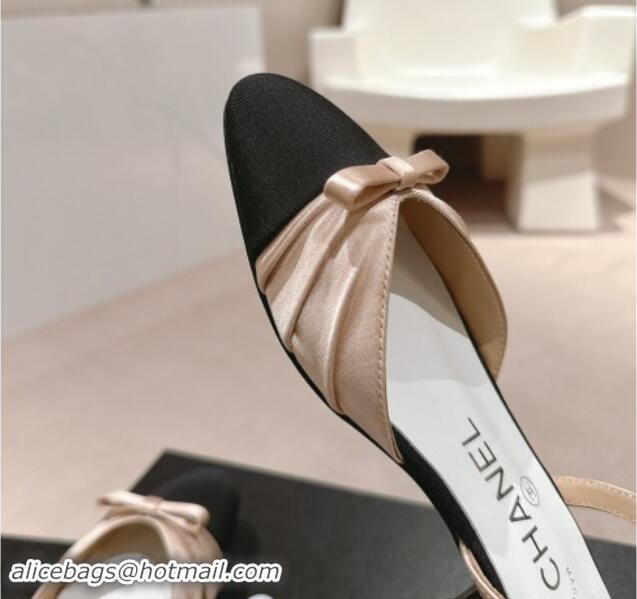 1:1 Chanel Silk Satin & Grosgrain Slingback Flat Shoes with Bow Nude 0909039