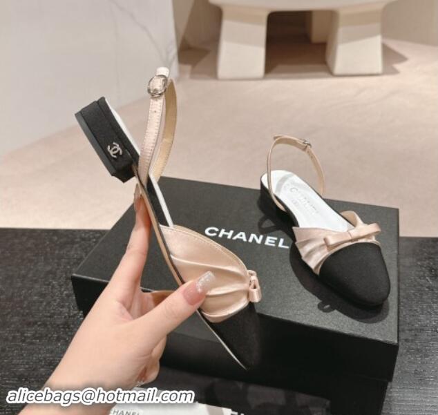 1:1 Chanel Silk Satin & Grosgrain Slingback Flat Shoes with Bow Nude 0909039