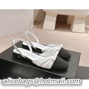 Big Discount Chanel Silk Satin & Grosgrain Slingback Flat Shoes with Bow White 909040