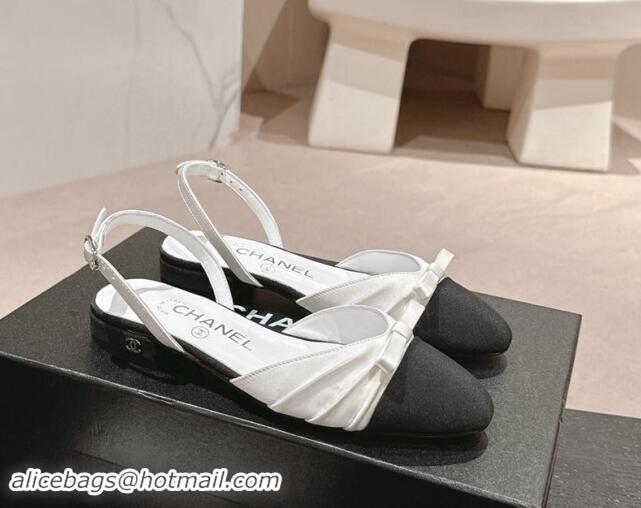 Big Discount Chanel Silk Satin & Grosgrain Slingback Flat Shoes with Bow White 909040