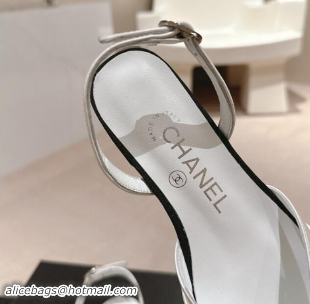 Big Discount Chanel Silk Satin & Grosgrain Slingback Flat Shoes with Bow White 909040