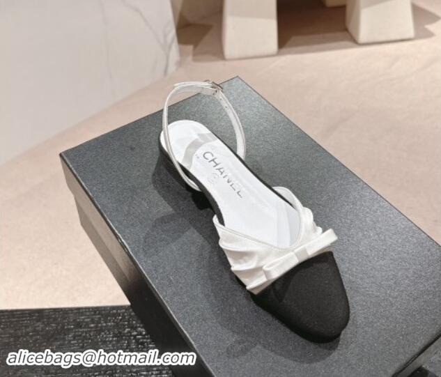 Big Discount Chanel Silk Satin & Grosgrain Slingback Flat Shoes with Bow White 909040