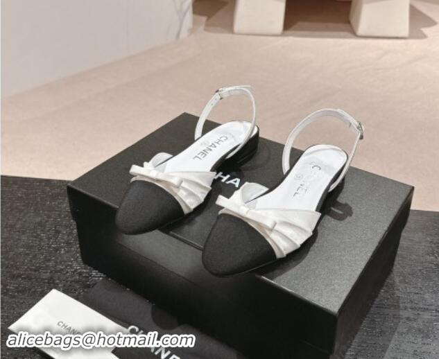 Big Discount Chanel Silk Satin & Grosgrain Slingback Flat Shoes with Bow White 909040