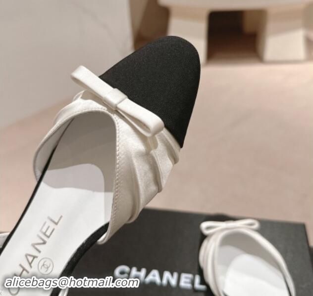 Big Discount Chanel Silk Satin & Grosgrain Slingback Flat Shoes with Bow White 909040