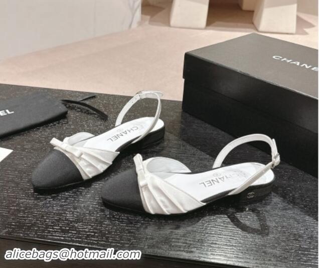 Big Discount Chanel Silk Satin & Grosgrain Slingback Flat Shoes with Bow White 909040